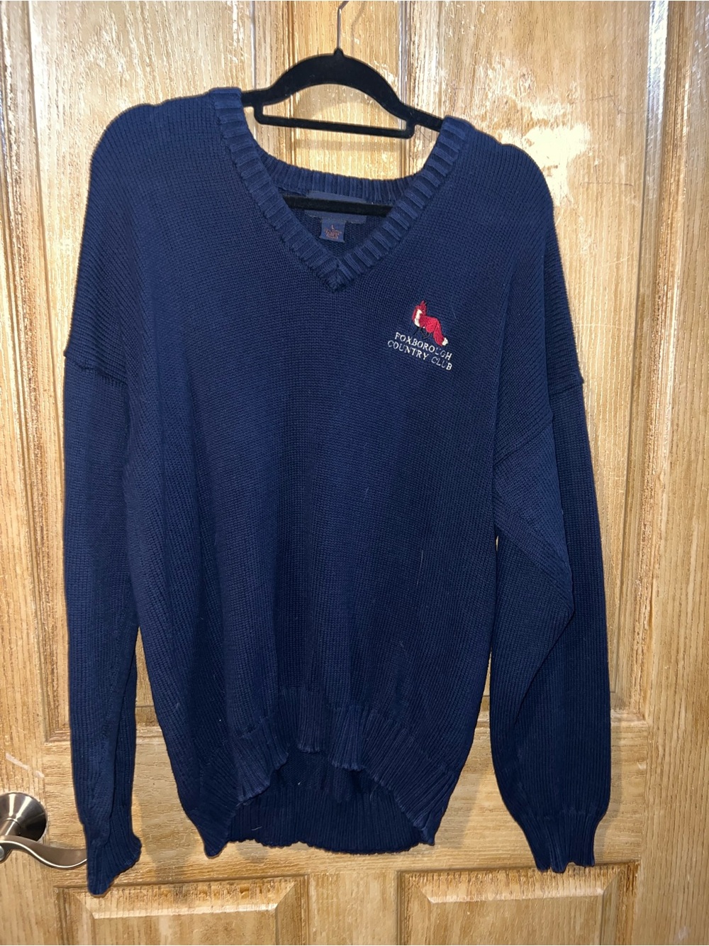 Antigua Men's Navy V-Neck Golf Sweater with Embroidered Logo Foxborough